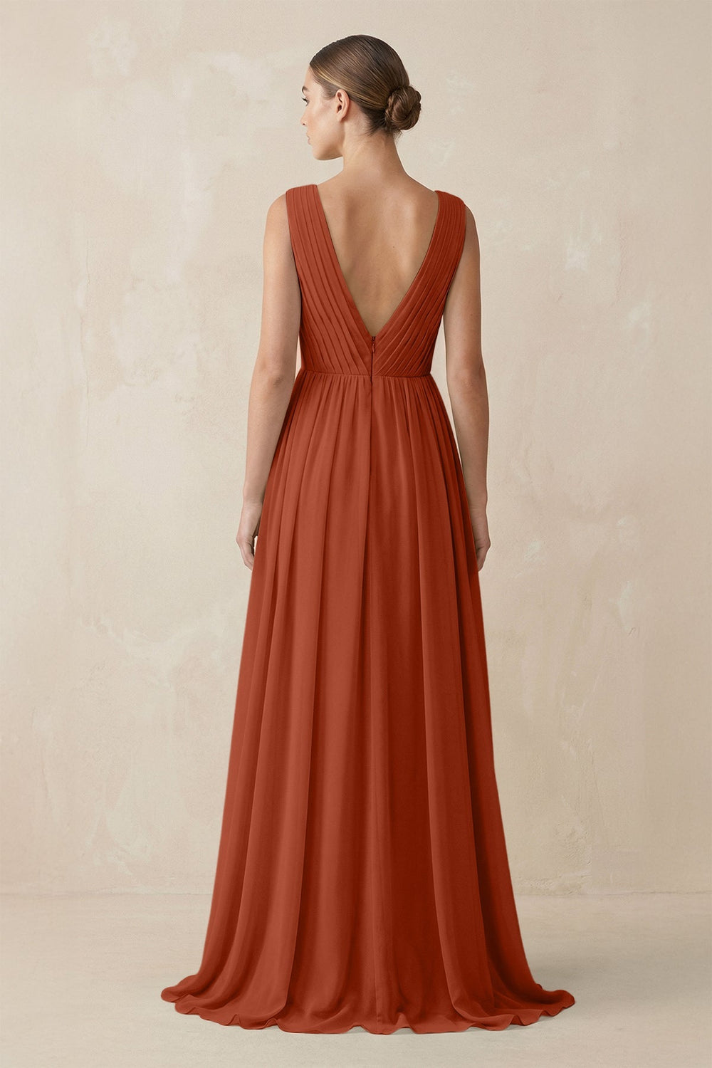 Deep V - Neck Pleated A - Line Chiffon Bridesmaid Dress in Spice - KissProm Bridesmaid Dresses