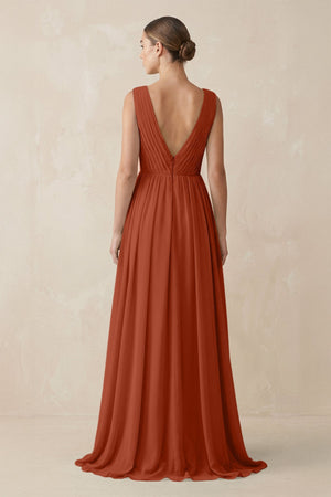 Deep V - Neck Pleated A - Line Chiffon Bridesmaid Dress in Spice - KissProm Bridesmaid Dresses