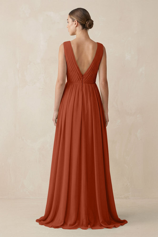 Deep V - Neck Pleated A - Line Chiffon Bridesmaid Dress in Spice - KissProm Bridesmaid Dresses