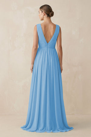 Deep V - Neck Pleated A - Line Chiffon Bridesmaid Dress in Steel Blue - KissProm Bridesmaid Dresses