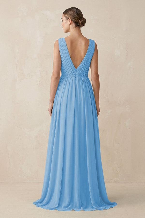 Deep V - Neck Pleated A - Line Chiffon Bridesmaid Dress in Steel Blue - KissProm Bridesmaid Dresses