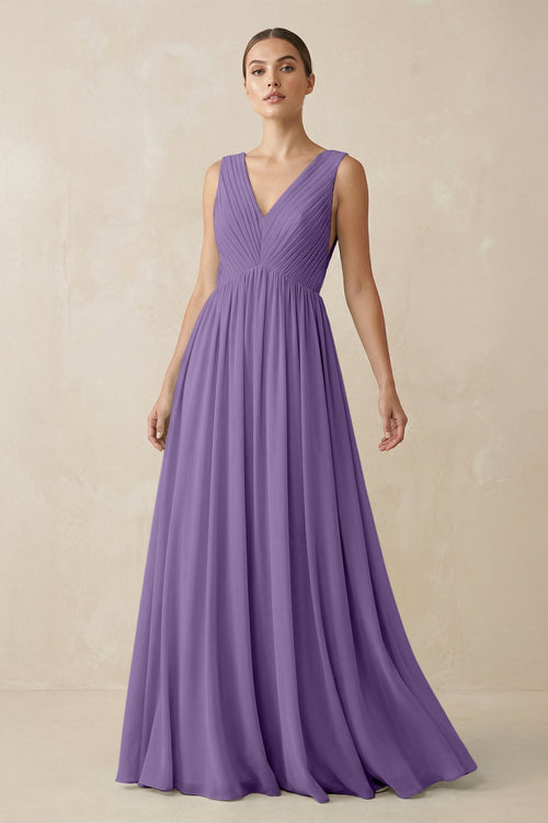 Deep V - Neck Pleated A - Line Chiffon Bridesmaid Dress in Tahiti - KissProm Bridesmaid Dresses