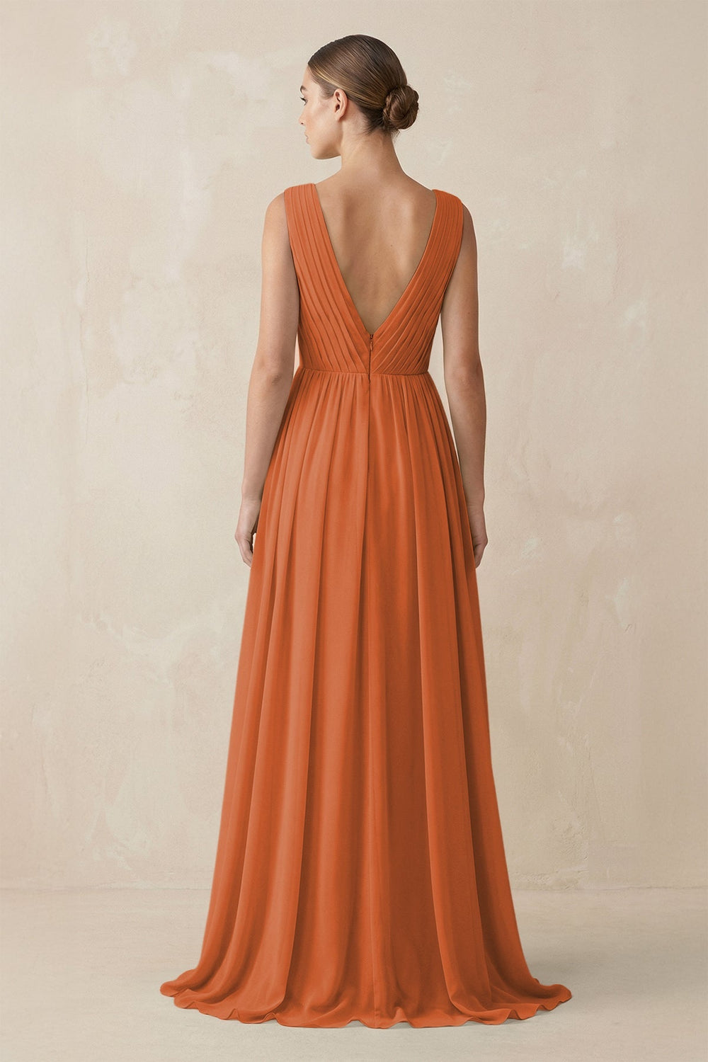 Deep V - Neck Pleated A - Line Chiffon Bridesmaid Dress in Terracotta - KissProm Bridesmaid Dresses