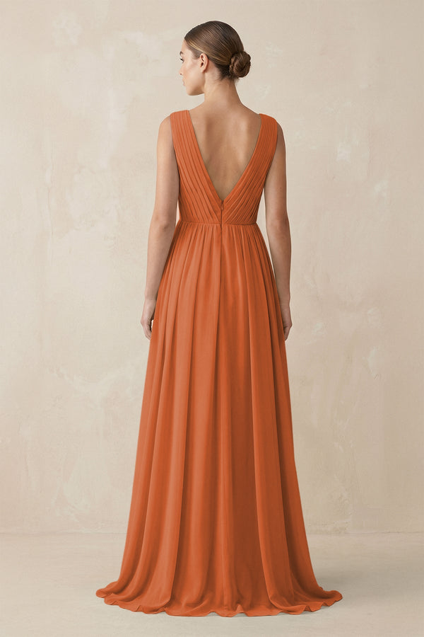 Deep V - Neck Pleated A - Line Chiffon Bridesmaid Dress in Terracotta - KissProm Bridesmaid Dresses