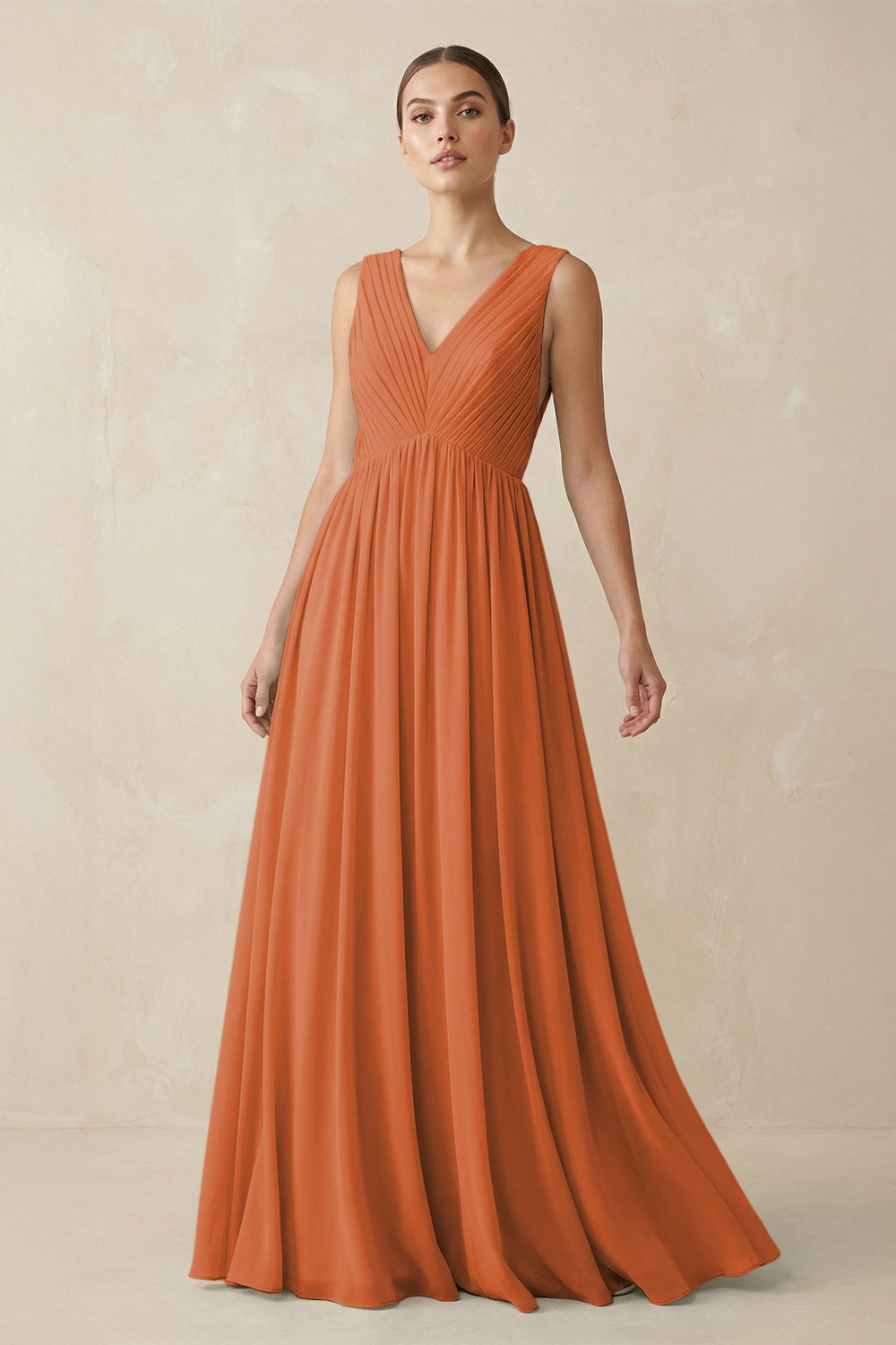 Deep V - Neck Pleated A - Line Chiffon Bridesmaid Dress in Terracotta - KissProm Bridesmaid Dresses
