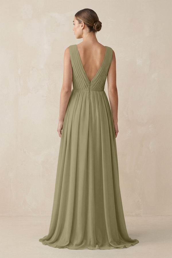 Deep V - Neck Pleated A - Line Chiffon Bridesmaid Dress in Thyme - KissProm Bridesmaid Dresses