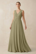 Deep V - Neck Pleated A - Line Chiffon Bridesmaid Dress in Thyme - KissProm Bridesmaid Dresses