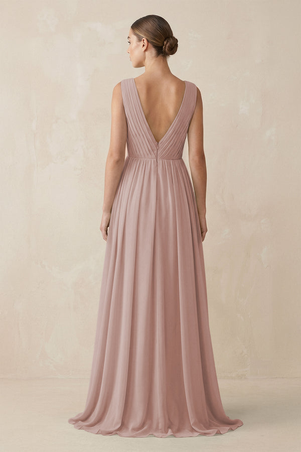 Deep V - Neck Pleated A - Line Chiffon Bridesmaid Dress in Toffee - KissProm Bridesmaid Dresses