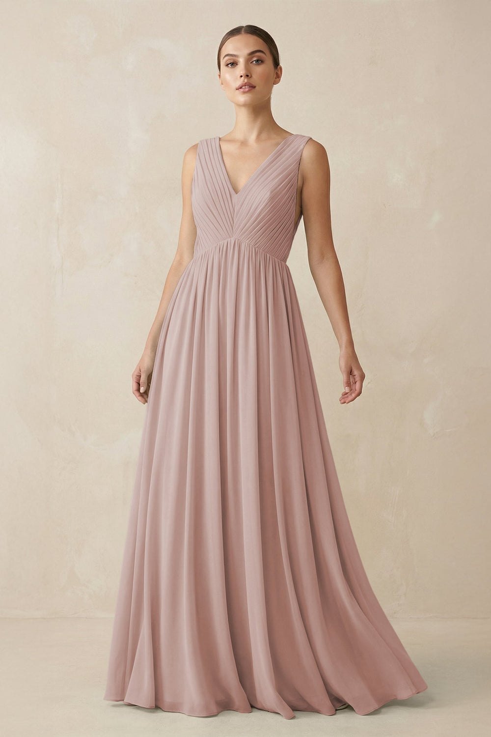 Deep V - Neck Pleated A - Line Chiffon Bridesmaid Dress in Toffee - KissProm Bridesmaid Dresses