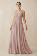 Deep V - Neck Pleated A - Line Chiffon Bridesmaid Dress in Toffee - KissProm Bridesmaid Dresses