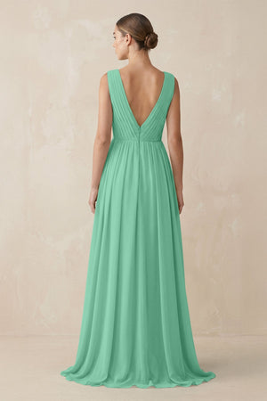 Deep V - Neck Pleated A - Line Chiffon Bridesmaid Dress in Turquoise - KissProm Bridesmaid Dresses