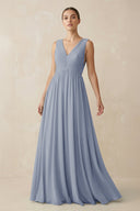Deep V - Neck Pleated A - Line Chiffon Bridesmaid Dress in Twilight - KissProm Bridesmaid Dresses