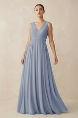 Deep V - Neck Pleated A - Line Chiffon Bridesmaid Dress in Twilight - KissProm Bridesmaid Dresses