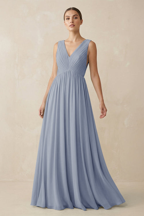 Deep V - Neck Pleated A - Line Chiffon Bridesmaid Dress in Twilight - KissProm Bridesmaid Dresses