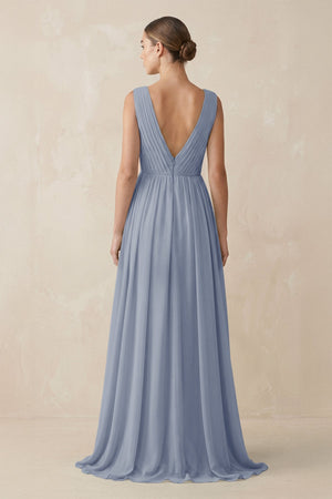 Deep V - Neck Pleated A - Line Chiffon Bridesmaid Dress in Twilight - KissProm Bridesmaid Dresses