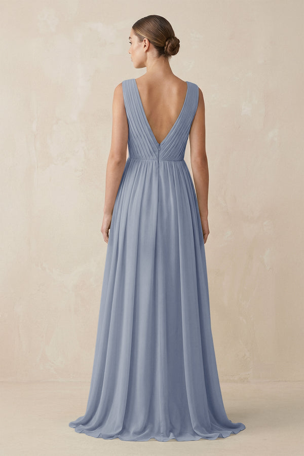 Deep V - Neck Pleated A - Line Chiffon Bridesmaid Dress in Twilight - KissProm Bridesmaid Dresses