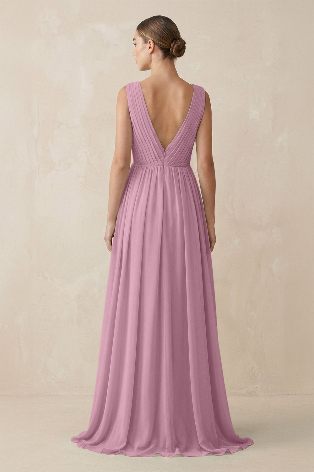 Deep V - Neck Pleated A - Line Chiffon Bridesmaid Dress in Vintage Mauve - KissProm Bridesmaid Dresses