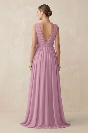 Deep V - Neck Pleated A - Line Chiffon Bridesmaid Dress in Vintage Mauve - KissProm Bridesmaid Dresses