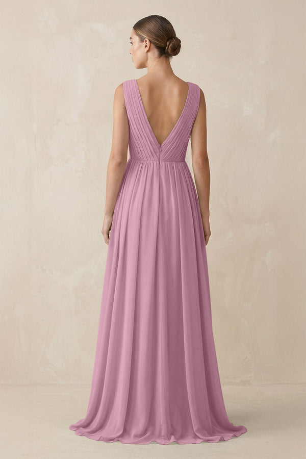 Deep V - Neck Pleated A - Line Chiffon Bridesmaid Dress in Vintage Mauve - KissProm Bridesmaid Dresses