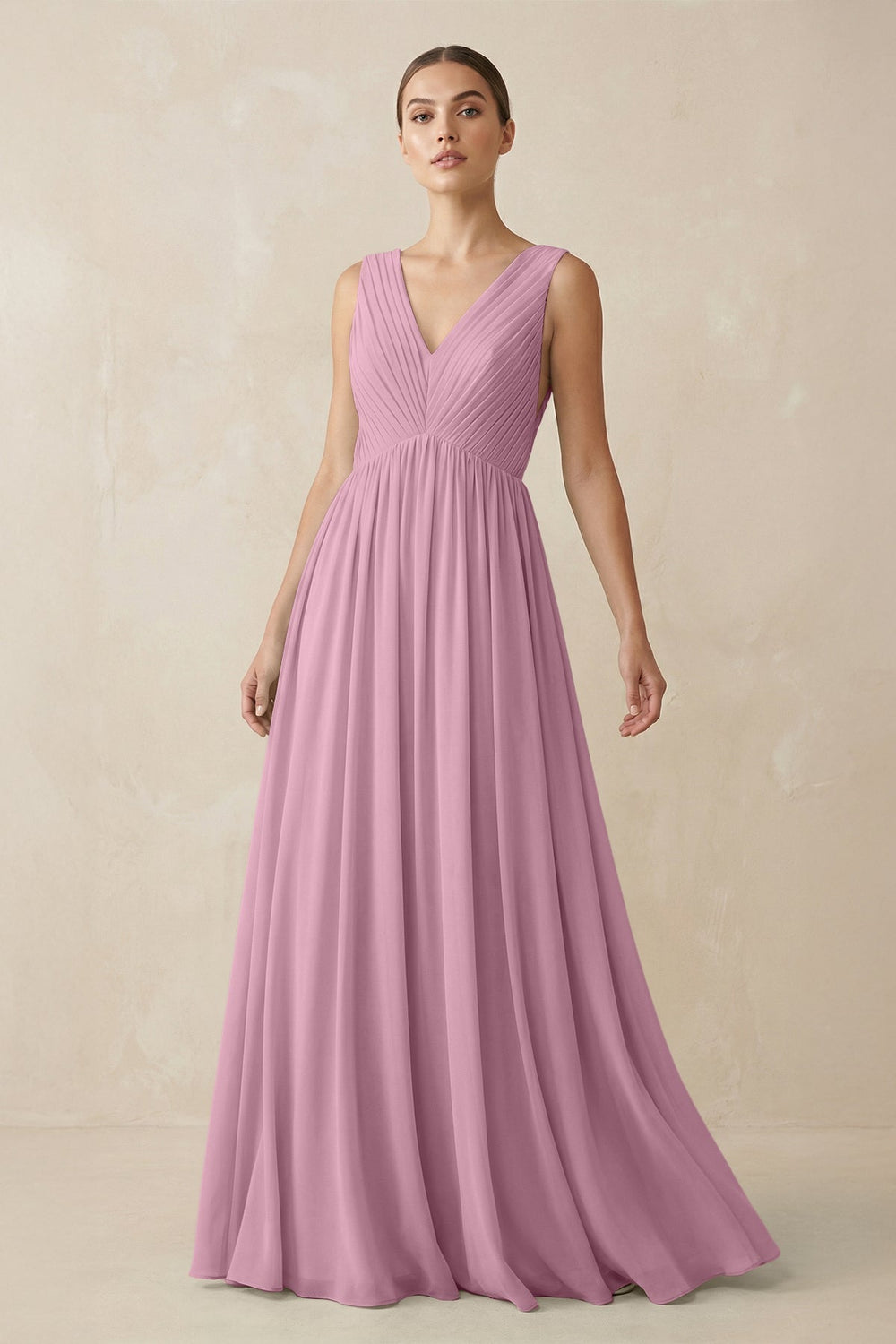 Deep V - Neck Pleated A - Line Chiffon Bridesmaid Dress in Vintage Mauve - KissProm Bridesmaid Dresses