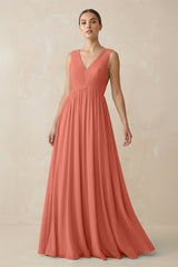 Deep V - Neck Pleated A - Line Chiffon Bridesmaid Dress in Wild Rose - KissProm Bridesmaid Dresses