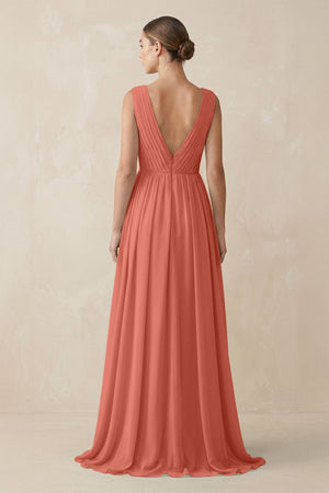 Deep V - Neck Pleated A - Line Chiffon Bridesmaid Dress in Wild Rose - KissProm Bridesmaid Dresses