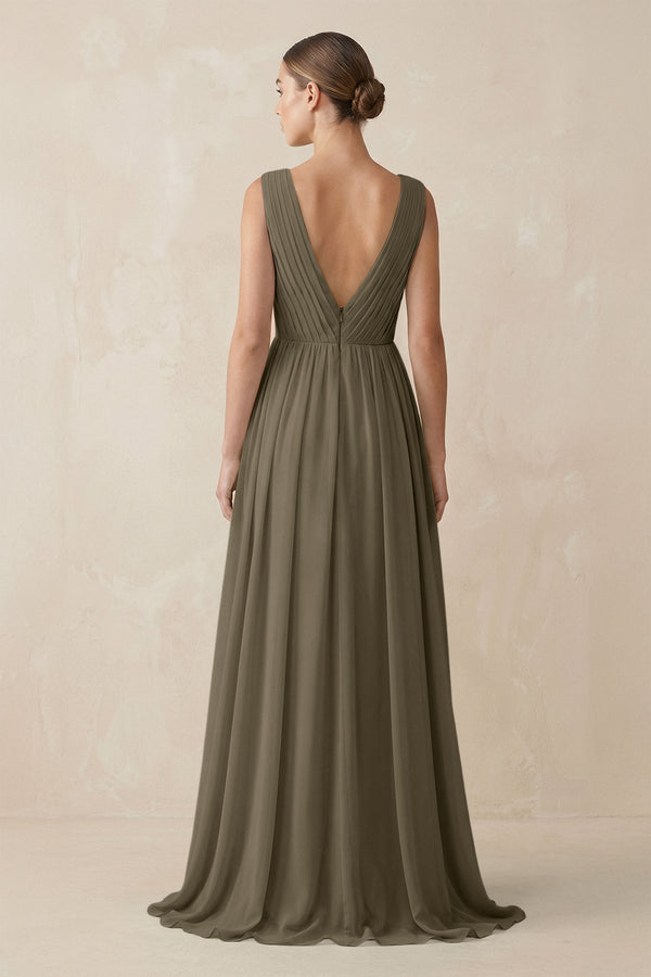 Deep V - Neck Pleated A - Line Chiffon Bridesmaid Dress in Willow Green - KissProm Bridesmaid Dresses