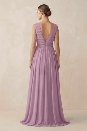 Deep V - Neck Pleated A - Line Chiffon Bridesmaid Dress in Wisteria - KissProm Bridesmaid Dresses