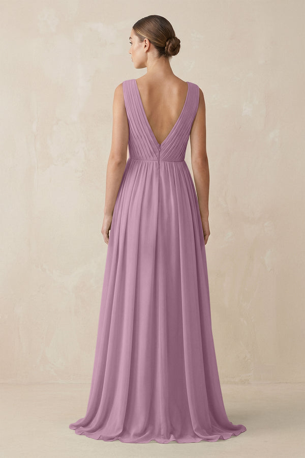 Deep V - Neck Pleated A - Line Chiffon Bridesmaid Dress in Wisteria - KissProm Bridesmaid Dresses