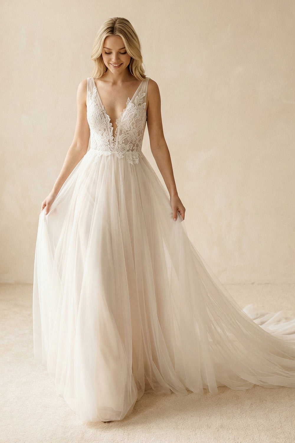 Deep V - Neck Tulle A - Line Appliqued Wedding Dress in Ivory - KissProm Wedding Dresses
