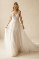 Deep V - Neck Tulle A - Line Appliqued Wedding Dress in Ivory - KissProm Wedding Dresses