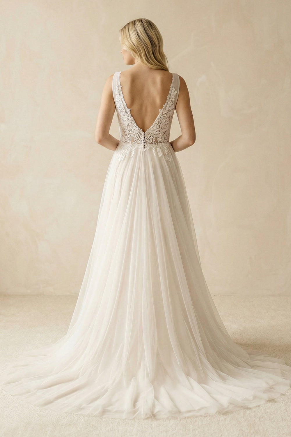 Deep V - Neck Tulle A - Line Appliqued Wedding Dress in Ivory - KissProm Wedding Dresses