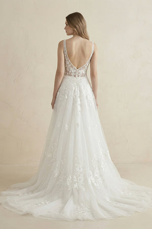 Deep V - Neck Tulle Appliqued Maxi Wedding Dress in White - KissProm Wedding Dresses