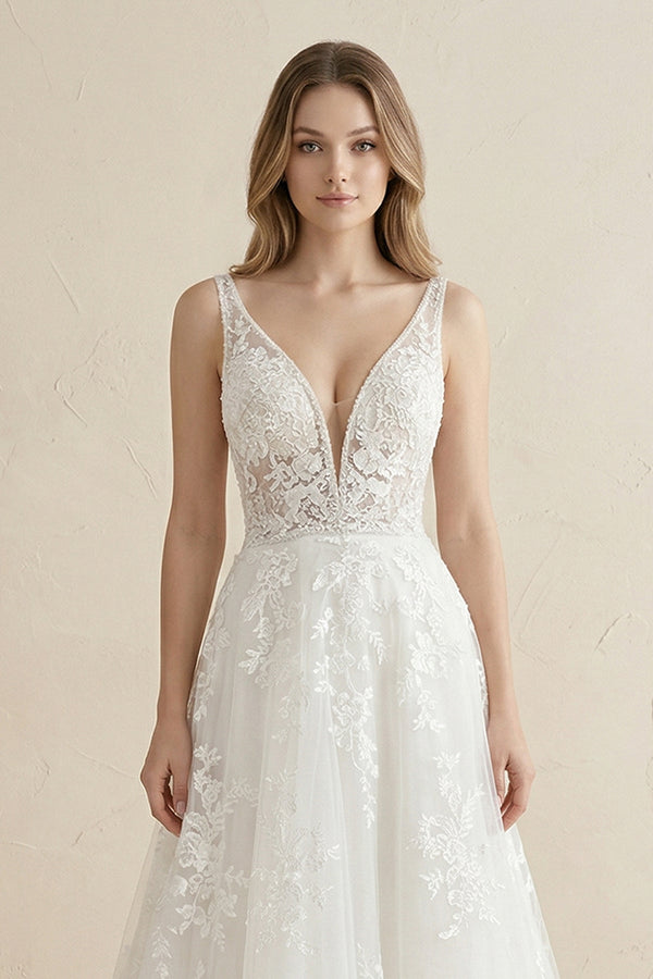 Deep V - Neck Tulle Appliqued Maxi Wedding Dress in White - KissProm Wedding Dresses