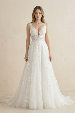 Deep V - Neck Tulle Appliqued Maxi Wedding Dress in White - KissProm Wedding Dresses