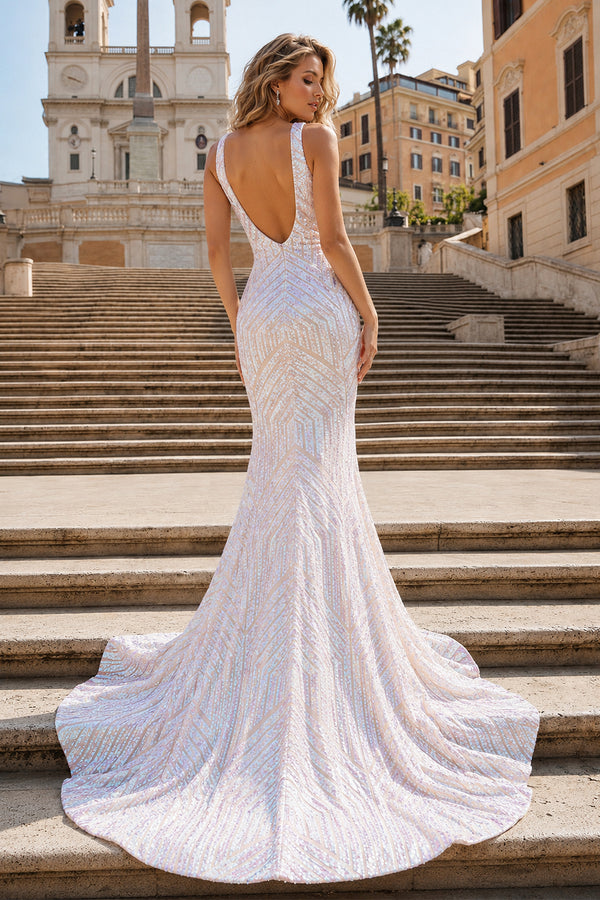 Deep V Neck White Sequins Mermaid Long Prom Dress - KissProm