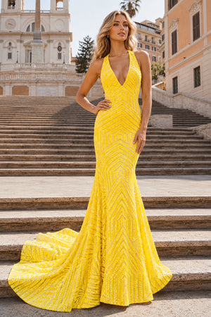 Yellow Mermaid Deep V Neck Sequins Prom Dress - KissProm 