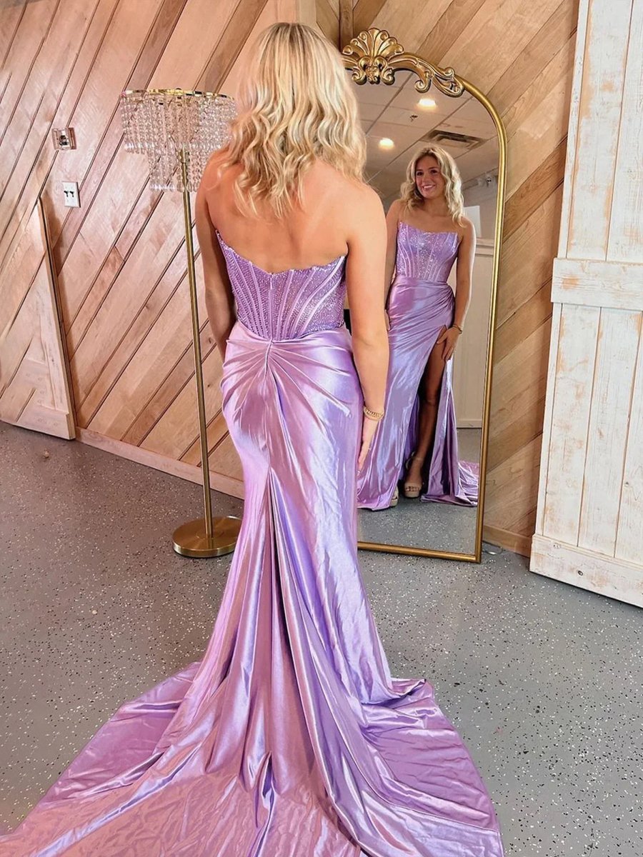 Lilac Strapless Satin Sheath Long Prom Dresses with Slit Lilac Strapless Satin Sheath Long Prom Dresses with Slit