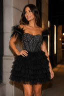 Black A Line Off the Shoulder Beaded Homecoming Dress with Feathers - KISSPROM