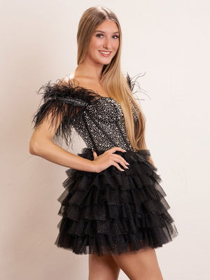 Delia |A Line Off the Shoulder Beaded Homecoming Dress with Feathers