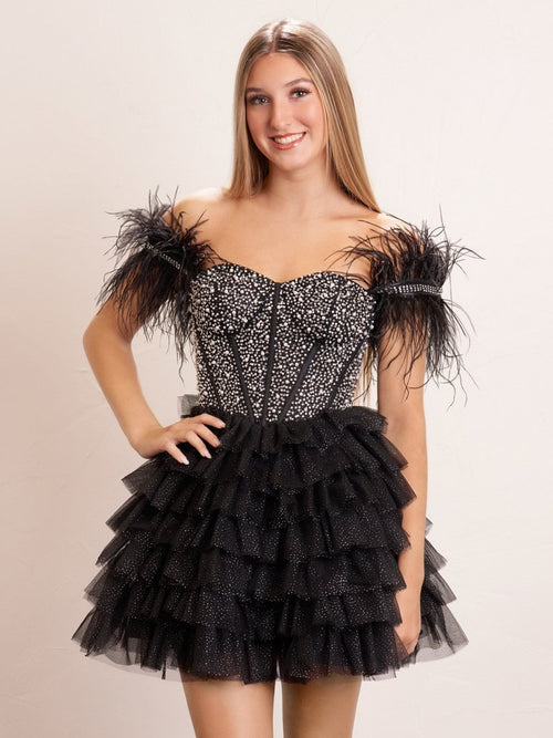 Delia |A Line Off the Shoulder Beaded Homecoming Dress with Feathers