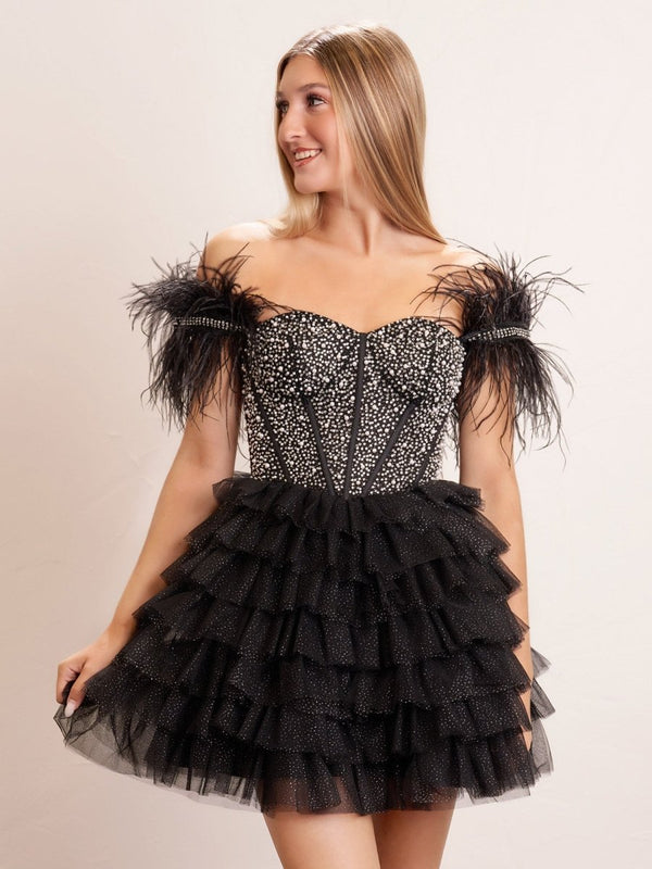 Delia |A Line Off the Shoulder Beaded Homecoming Dress with Feathers