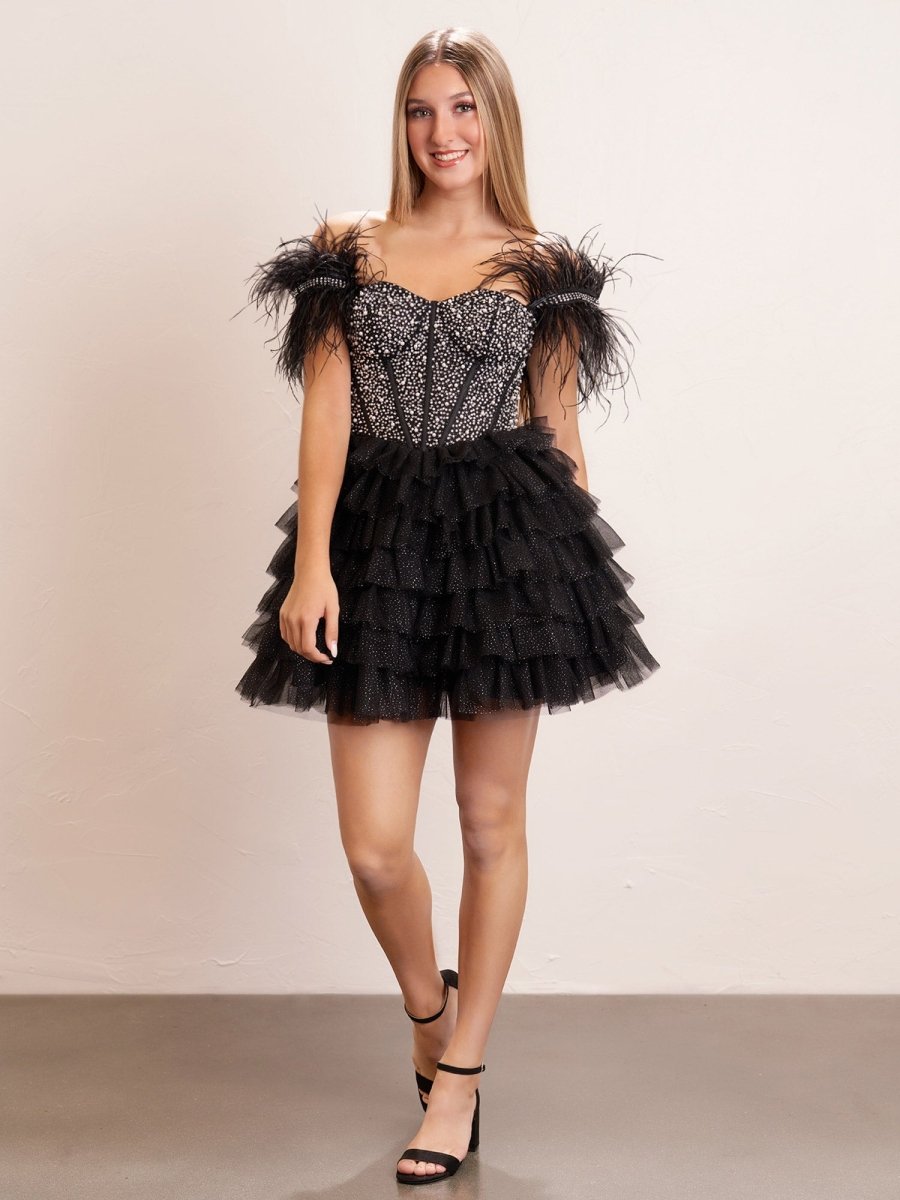 Delia |A Line Off the Shoulder Beaded Homecoming Dress with Feathers