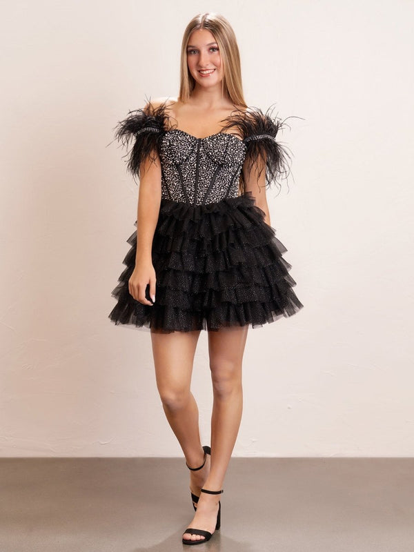 Delia |A Line Off the Shoulder Beaded Homecoming Dress with Feathers