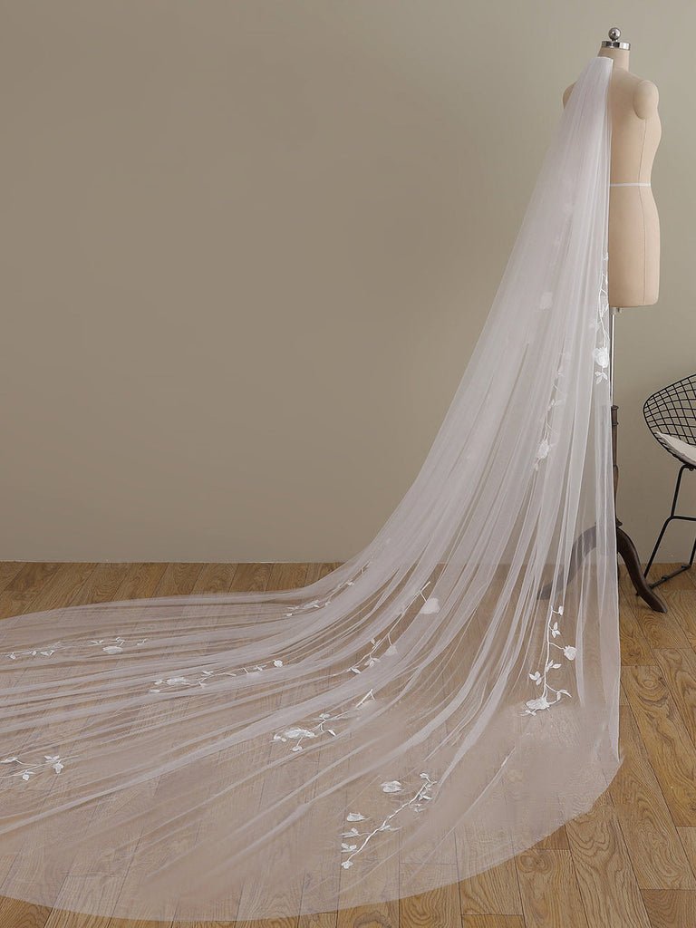 Delicate 3D Flower Lace Cathedral Veil Bridal Veil Wedding Veil - KissProm