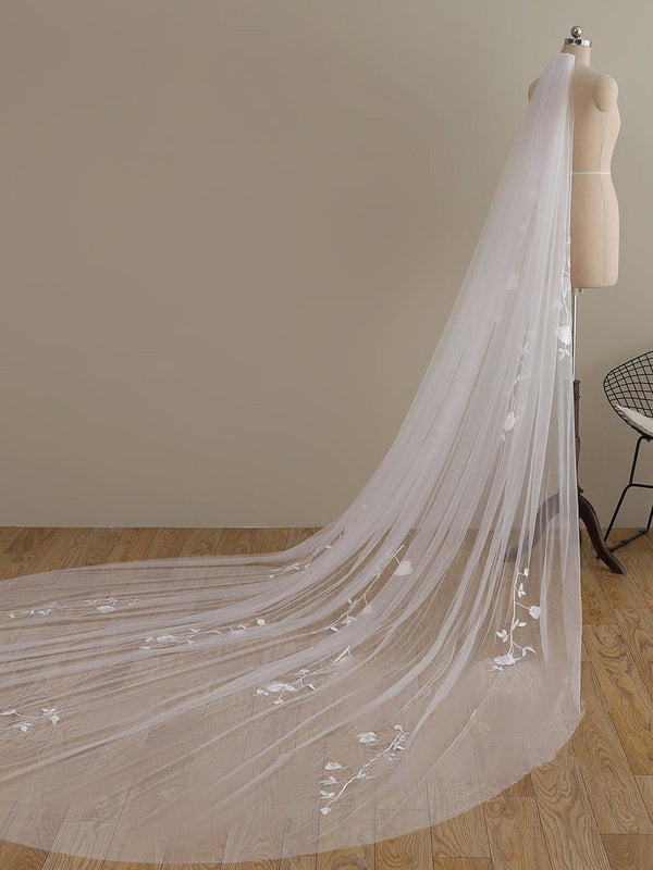 Delicate 3D Flower Lace Cathedral Veil Bridal Veil Wedding Veil - KissProm