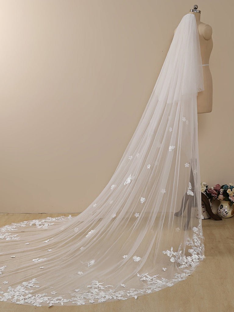 Delicate Flower Lace Cathedral Veil Bridal Veil Wedding Veil - KissProm
