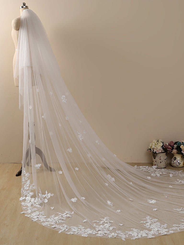 Delicate Flower Lace Cathedral Veil Bridal Veil Wedding Veil - KissProm