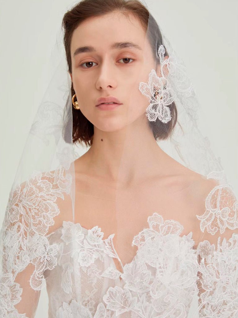 Delicated Lace Traditional Drop Veils Ivory Tulle & Lace Wedding Veil - KissProm