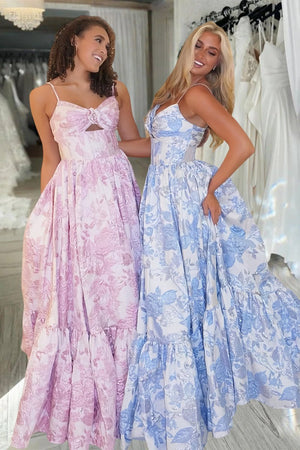 Delina | Blue - A - Line Spaghetti Straps Floral Jacquard Satin Long Prom Dresses with Keyhole - KissProm